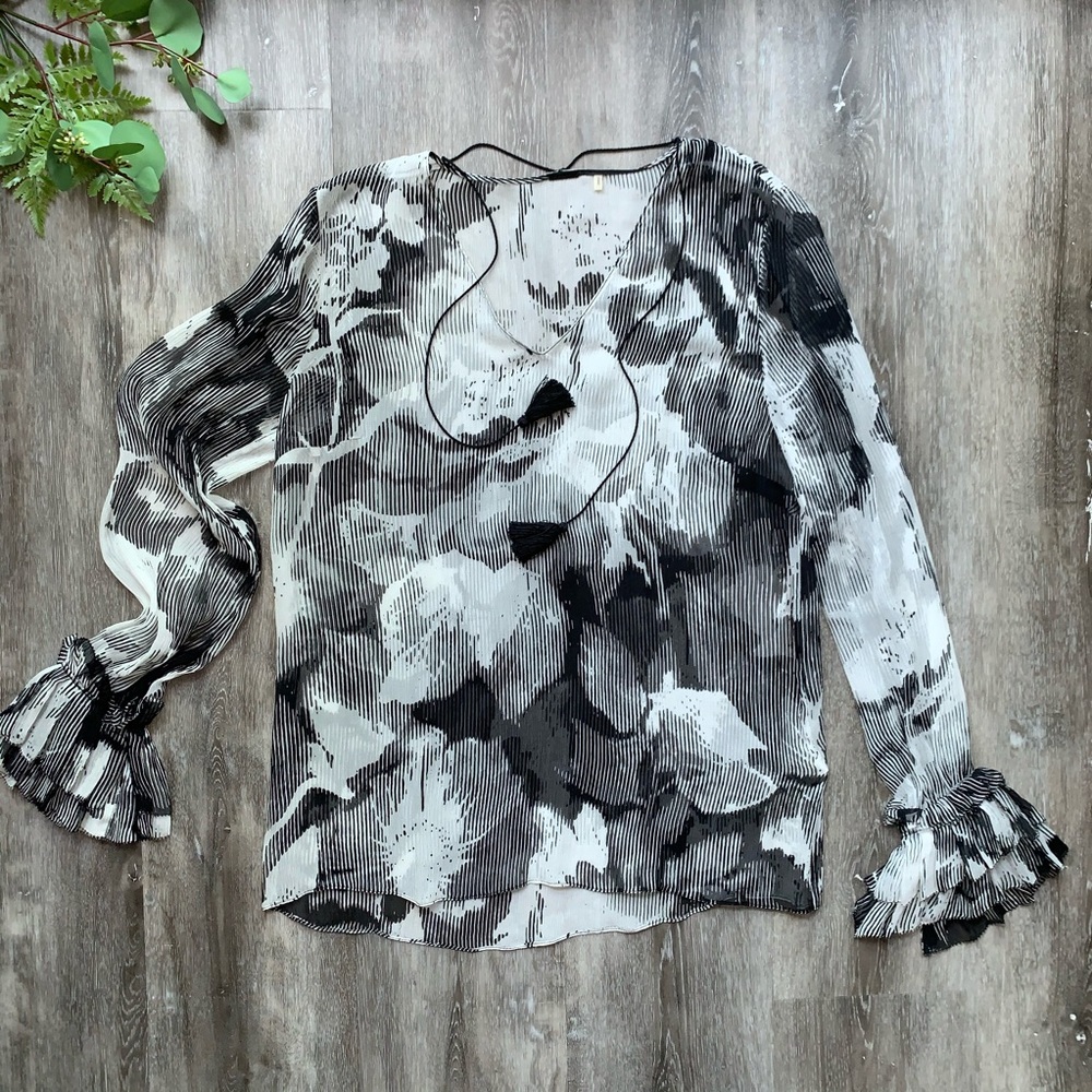 Elie Tahari Ruffle-Long-Sleeve Silk Sheer Blouse